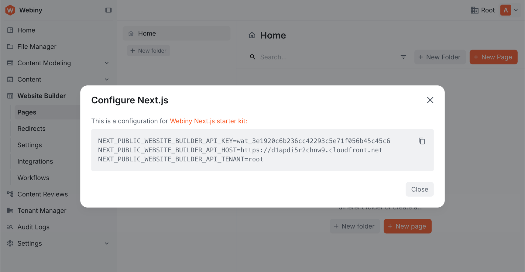 Configure Next.js dialog showing NEXT_PUBLIC_WEBSITE_BUILDER_API_KEY, API_HOST, and API_TENANT pre-filled